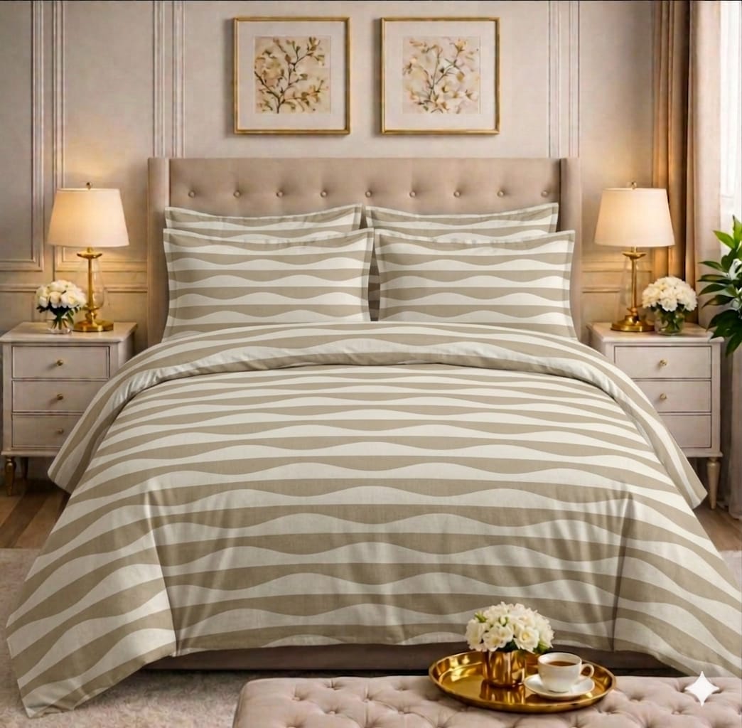 Wavy Stripe Comforter Set in beige and cream on a styled bed