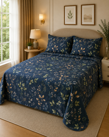 Premium Floral Paradise Pure Cotton 3pc Bedsheet Set - Royalty Blue