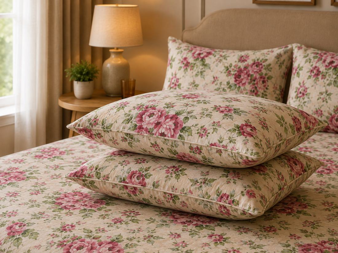 Elegant Floral Symphony Pink Rose Quilt Set - Cream