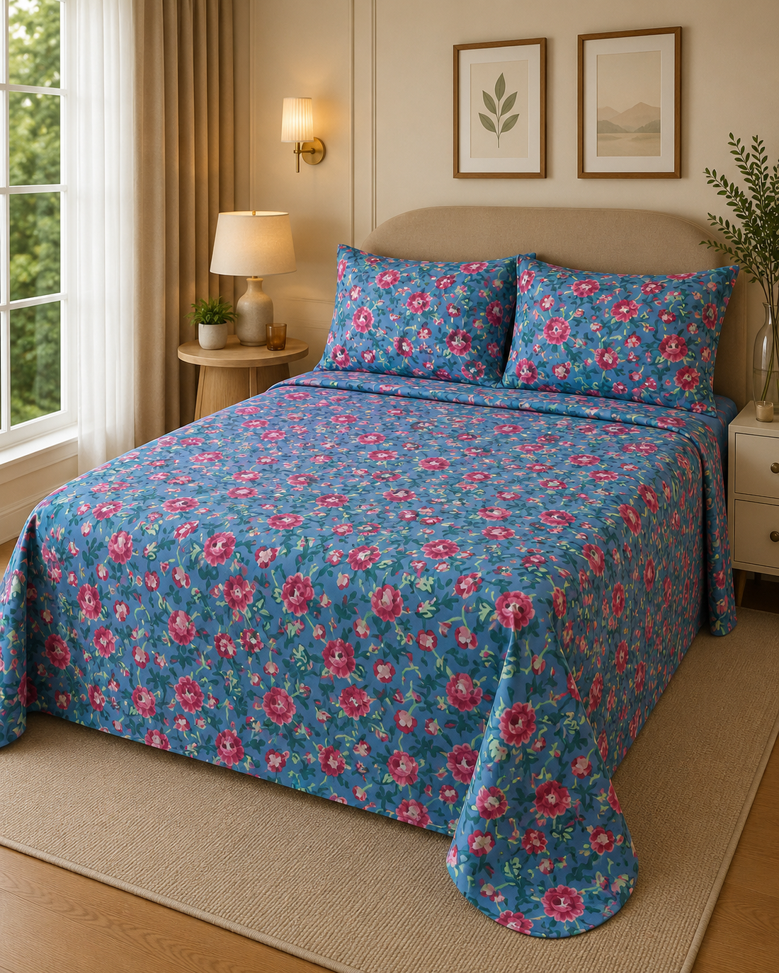 Premium Pure Cotton 3pc Floral Bedsheet Set - Bluedi
