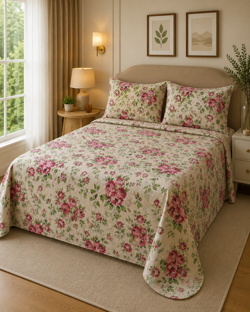 Elegant Floral Symphony Pink Rose Quilt Set - Cream