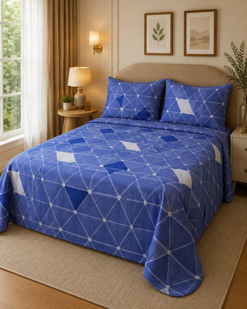 Pure Cotton Export Quality 3pc Bedsheet - Blue Geometric Print